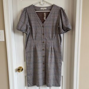NWT LOFT Gray Plaid Button-Down Midi Dress with Puff Sleeves